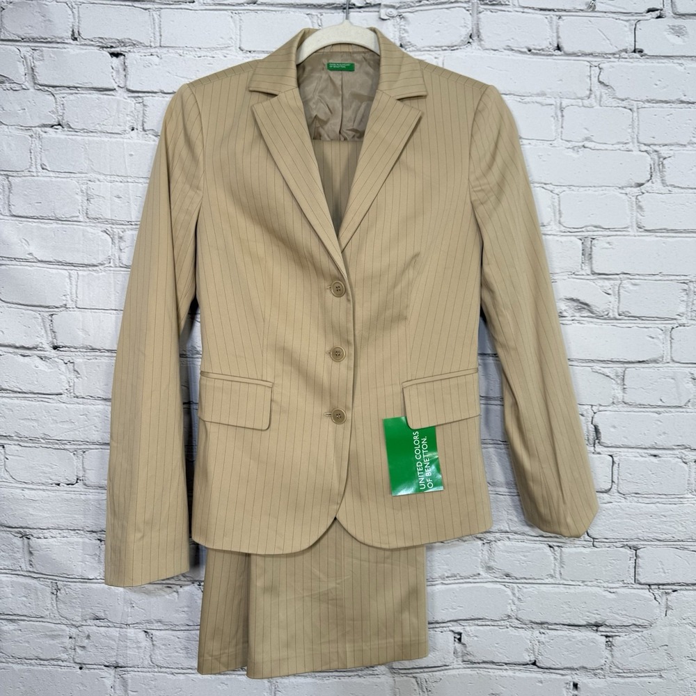 Vintage United Color Of Benetton Pant Suit Wide Leg Womens 40 Tan Pinstripe Rare